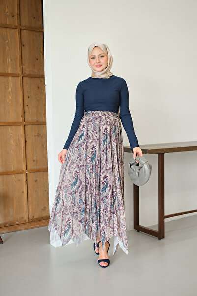 LOCCO Women's Asymmetrical Cut Ethnic Patterned Chiffon Skirt Purple