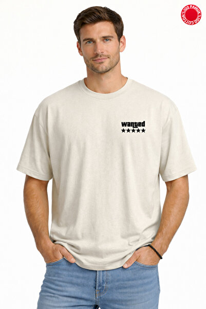 DUBU BUTİK Beige Oversize T-Shirt Unisex 100% Cotton Wanted Written Printed C...