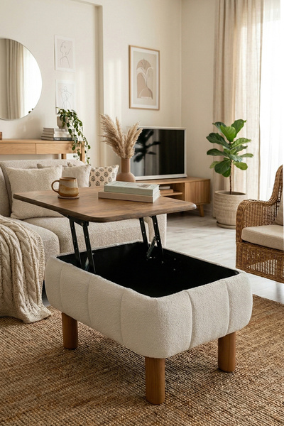 Zem Eister Sandıklı Mekanizmalı Orta Sehpa/Bench, Kırık Beyaz