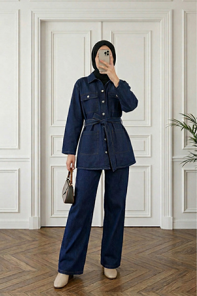 MODAQU Belted Pocket Detailed Double Denim Set - Navy Blue