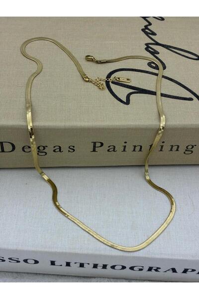 Hedef Bijuteri Steel Gold Color Flat Italian Chain Necklace (60cm)