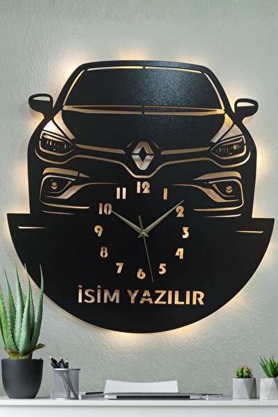 Blackdekor Renault Clio 4 Temalı İsim Yazılır Işıklı Duvar Saati Modern Ofis ...