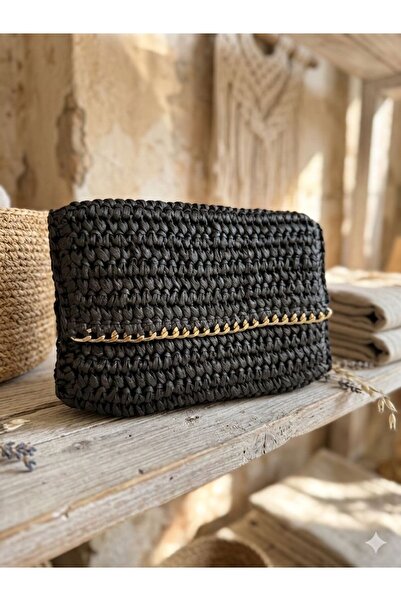 Axesoire NWC-1075 Μαύρη Πλεκτή Χειροποίητη Ψάθινη Τσάντα 27x19x31 εκ.