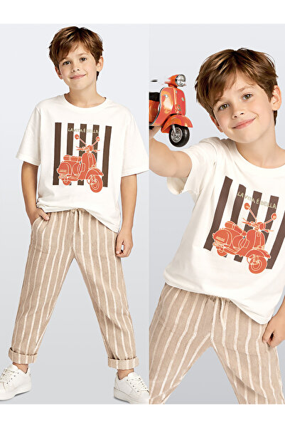 Denokids Μπλουζάκι μοτοσικλέτας για αγόρια και καλοκαιρινό παντελόνι με ριγέ ...