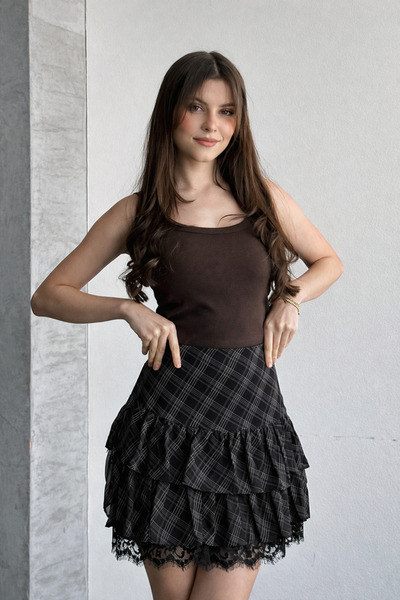 İLKCET MODA Pitikare Black Patterned Chiffon Layered Women's Mini Skirt
