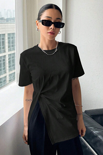 Tarz Cool Tricou asimetric pentru femei, cu tăieturi, basic, oversize, cu mân...