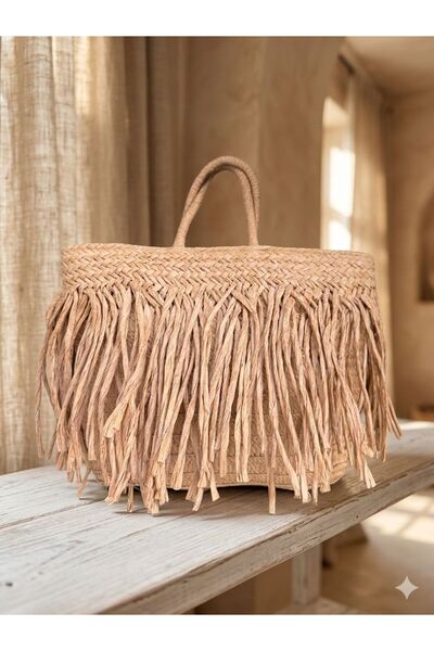 Axesoire NWC-1066 Ψάθινη τσάντα με κρόσσια σε χρώμα καμήλας 41x29 εκ.