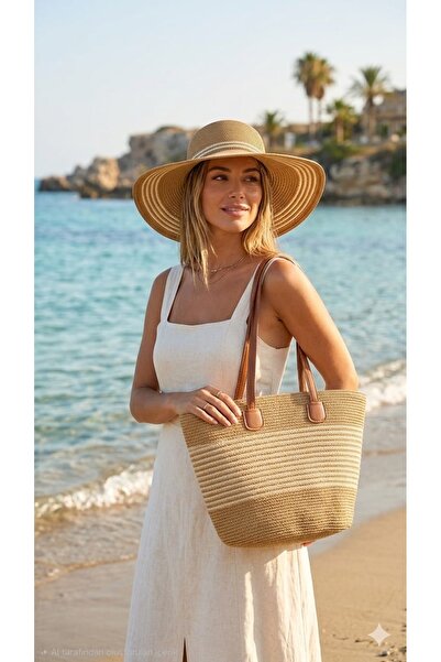 podyumgiyim Hat and Drawstring Straw Shoulder Bag Set of 2