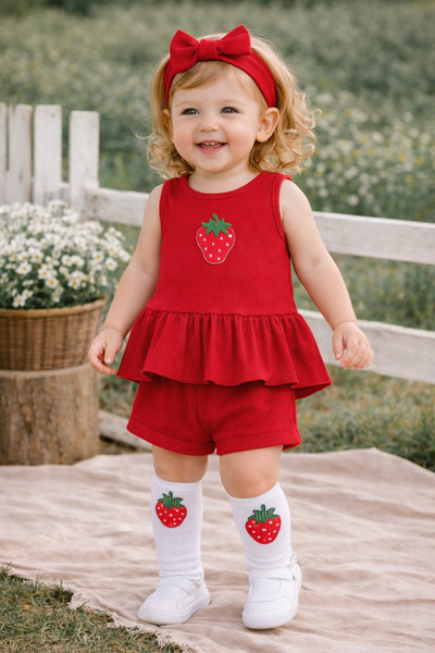 ues Kız Bebek Kırmızı Ribana Şortlu Takım Çilek Detaylı Bandanalı 3’lü Set