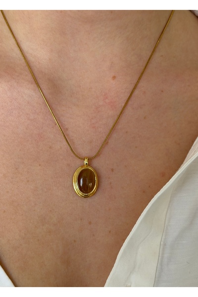 KİLİGİSTANBUL ÇELİK GOLD OVAL KEDİ GÖZÜ KOLYE 45 CM (+5 cm uzatma)