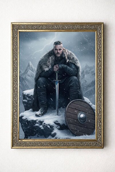 BuzzDesigns Vikings Ragnar Lothbrok Kılıçlı Taht Sahnesi Duvar Tablosu Çerçev...