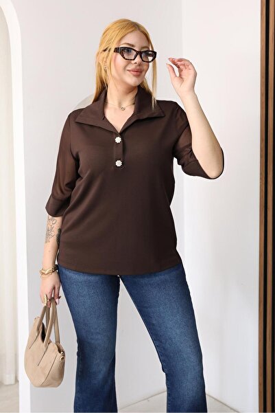 Siyezen Plus Size Crystal Button Detailed Sleeves Tulle Blouse