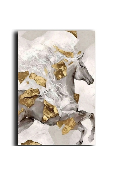 OEM Tablou decorativ Re-Bloom, model cal, pânză/lemn, gri/auriu/alb, 70 x 100 cm