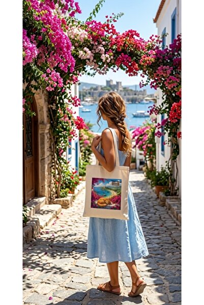 Fi Hediyelik Basement Themed Floral Illustration Printed Raw Fabric Tote Bag ...