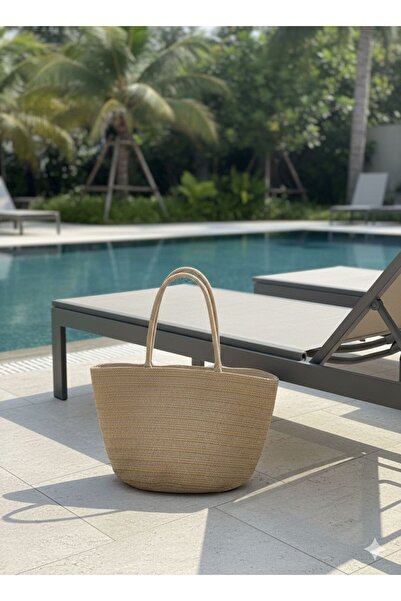 Axesoire NWC-1067 Ψάθινη τσάντα σε χρώμα καμηλό με ρίγες 49x30 εκ.