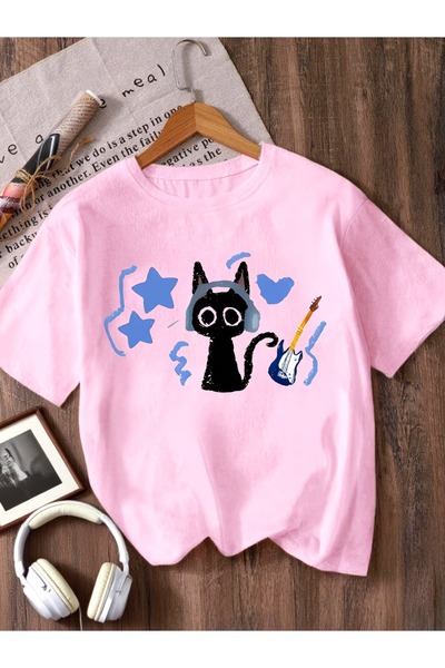 PixelWear تي شيرت لطيف للأطفال بتصميم قطة موسيقية، مقاس كبير، مناسب للجنسين