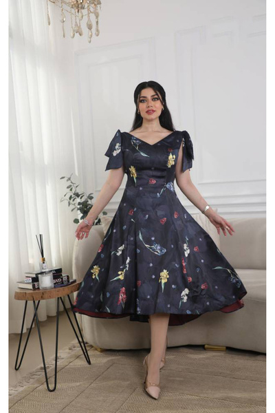 Stylish Fashion Stylish Fashion Turkish Satin Midi Dress with Bow on the Shou...