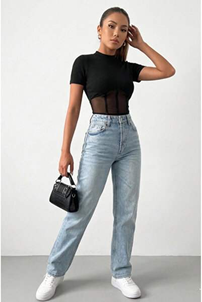 JANES Women's Transparent Detailed Short Sleeve Camisole Blouse