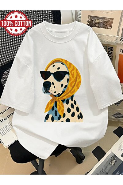 AEMİ Tricou unisex cu imprimeu cu câini cu pete, supradimensionat, cu gât rotund