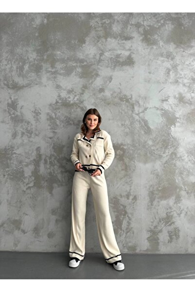 elbisereyonda New Model Striped Button Detailed Knitwear Two-Piece Set