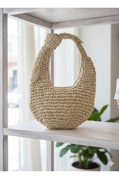 Axesoire NWC-1053 Ψάθινη τσάντα με φερμουάρ σε μπεζ πέτρα χρώμα