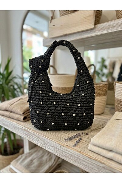 Axesoire NWC-1053 Ψάθινη τσάντα με φερμουάρ από μαύρη πέτρα