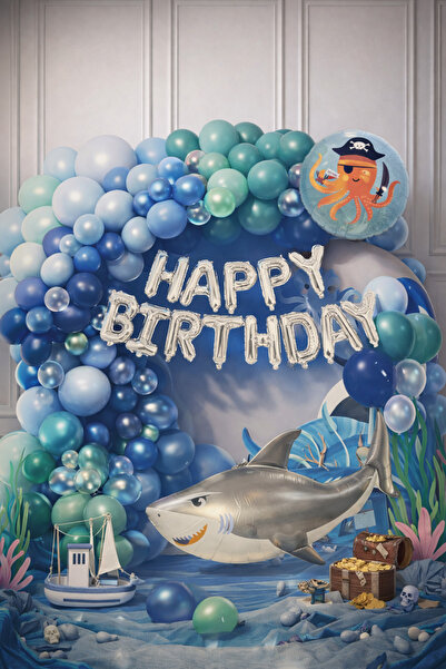 Happyewent Deniz Temalı Happy Birthday Balon Seti – Köpek Balığı & Korsan Aht...