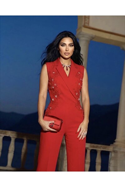 1Moda1Tarz İthal Krep Kumaş İnci İşlemeli Cepli Astarlı Özel Tasarım Kolsuz T...