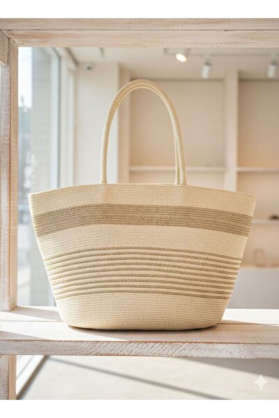 Axesoire NWC-1068 Μπεζ Ριγέ Ψάθινη Τσάντα 54x30 εκ.