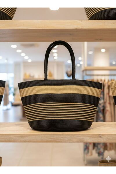 Axesoire NWC-1068 Μαύρη Ριγέ Ψάθινη Τσάντα 54x30 εκ.