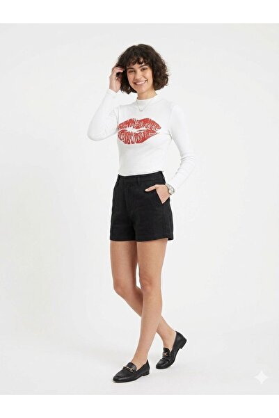 mor butik Women's Red Lip Print White Long Sleeve Crop Blouse