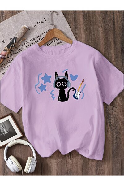 PixelWear تي شيرت لطيف للأطفال بتصميم قطة موسيقية، مقاس كبير، مناسب للجنسين