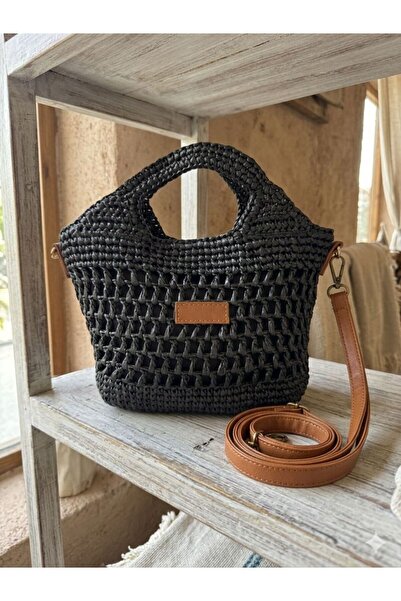 Axesoire NWC-1061 Μαύρη ψάθινη τσάντα με κουμπώματα 30x26x7 εκ.