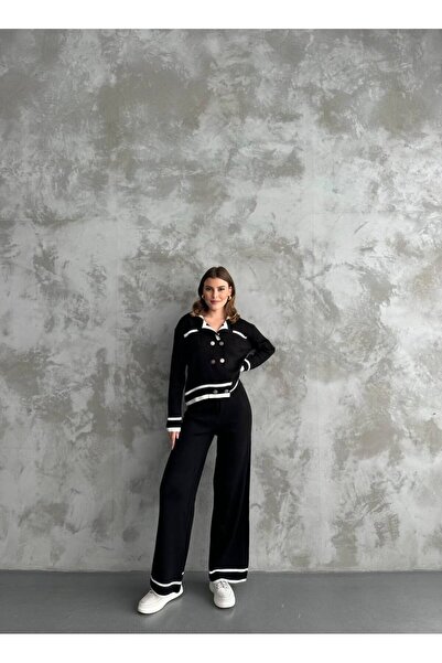 elbisereyonda New Model Striped Button Detailed Knitwear Two-Piece Set