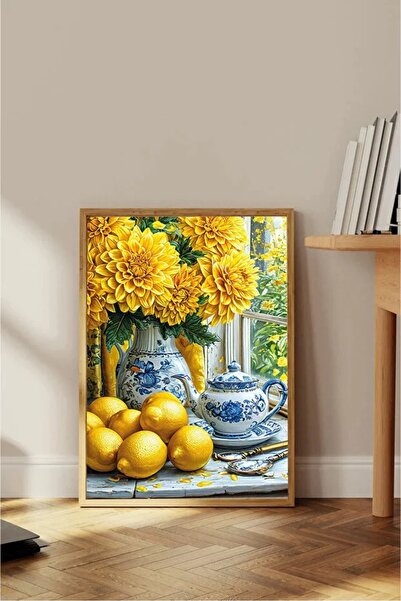 AR AJANS KANVAS TABLO Tablou MDF ÎNRĂMUIT cu flori galbene și lămâie de primă...