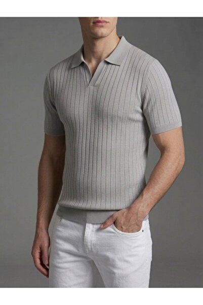 homiro Men's Slim Fit Ecru Knitwear Polo Neck T-Shirt - Gray