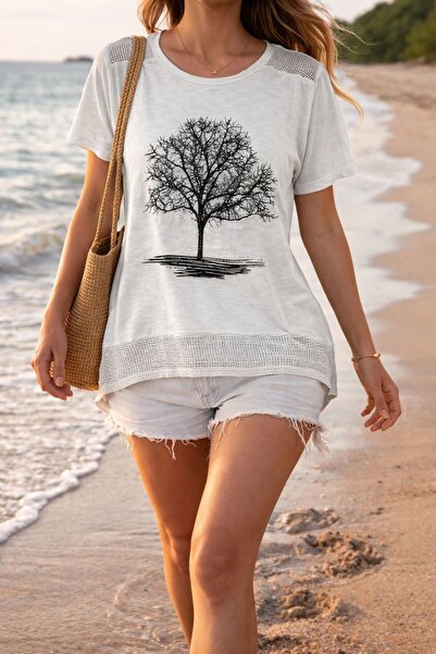 AGORATEKSTİL Women's Tree Patterned Stoned Mesh Detailed Washed Combed Cotton...