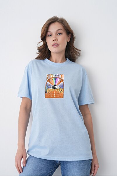 TREND EMMODA Tricou de damă din bumbac albastru, cu tematică cosmică, cu deta...