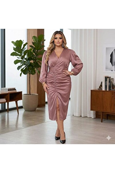 CİXAPLE Μακρυμάνικο σατέν φόρεμα με σκίσιμο