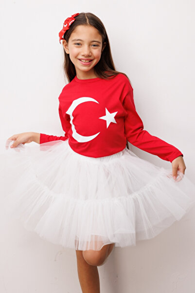 Le Mabelle Kırmızı Ay Yıldız Baskılı Uzun Kollu Çocuk Tişört