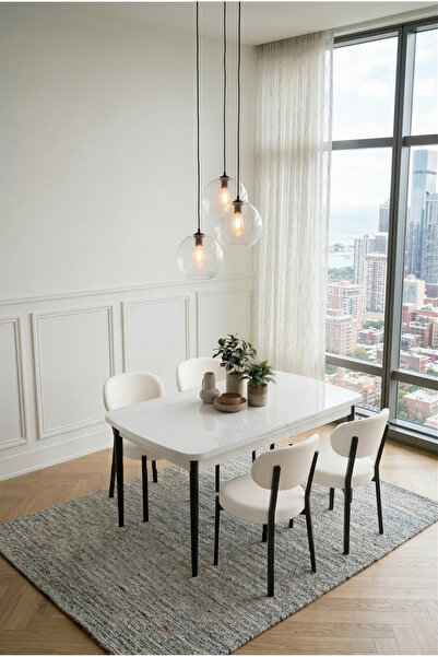 DEREN HOME Pufy Serisi 80x130 Açılabilir Masa +4 Adet Silinebilir Sandalye Ma...