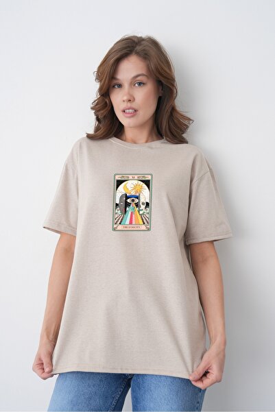 TREND EMMODA Tricou de damă Mystic Sun Moon Tarot, imprimat, cu gât rotund, d...