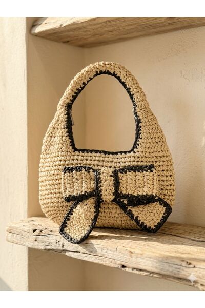 Axesoire NWC-1086 Μπεζ Ψάθινη Τσάντα με Λεπτομέρεια Φιόγκου και Πλέξη στο Χέρι