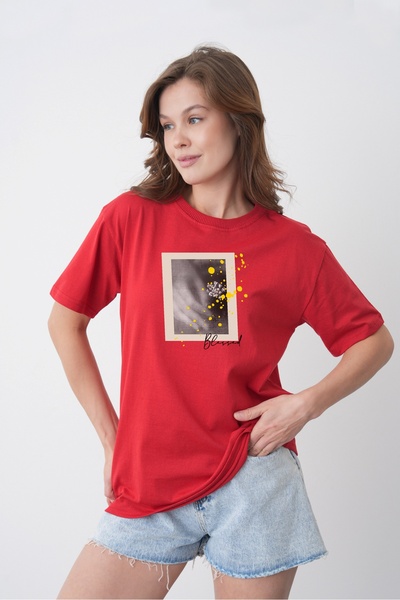 TREND EMMODA Tricou de damă din bumbac roșu, cu gât rotund, imprimat cu fotog...