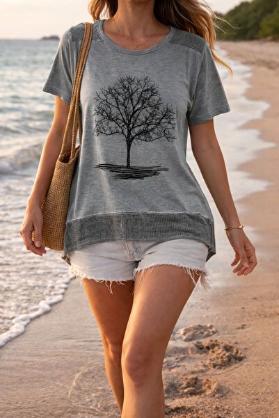 AGORATEKSTİL Γυναικείο μπλουζάκι από χτενισμένο βαμβάκι με σχέδιο δέντρου, με...