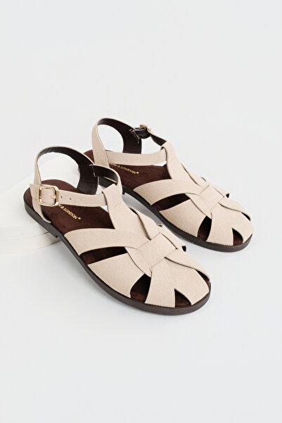 LONDON&LONDON Kadın Bej Süet Kapalı Burun Sandalet Tokalı Bantlı Günlük Rahat...