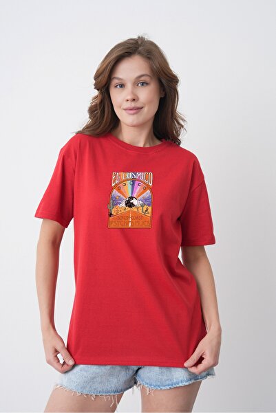 TREND EMMODA Tricou de damă din bumbac roșu, cu tematică cosmică, cu detalii ...