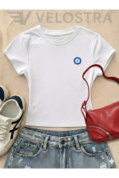 Velostra Women's Minimal Evil Eye Bead Printed Basic Daily Use Crop T-Shirt