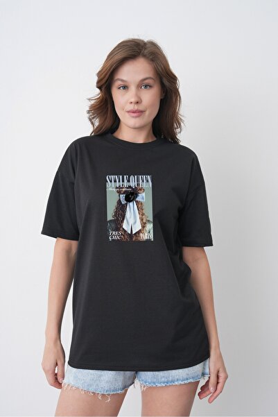 TREND EMMODA Tricou din bumbac negru, cu imprimeu foto, cu gât rotund, stil Q...