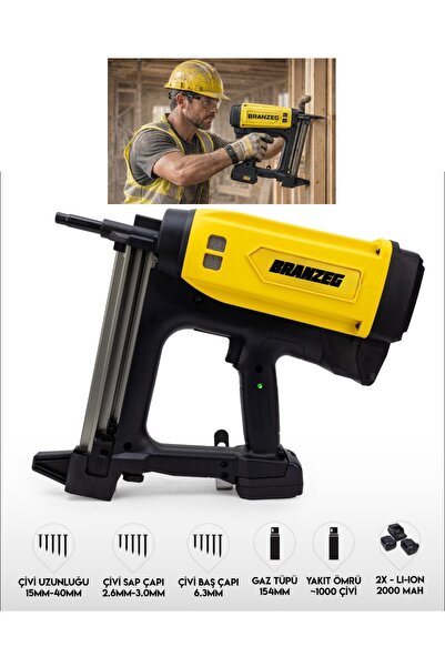 BRANZEG Şarjlı + Gazlı Çivi Çakma Makinesi 1000 Çivi Kapasiteli 2x 2000 Mah B...